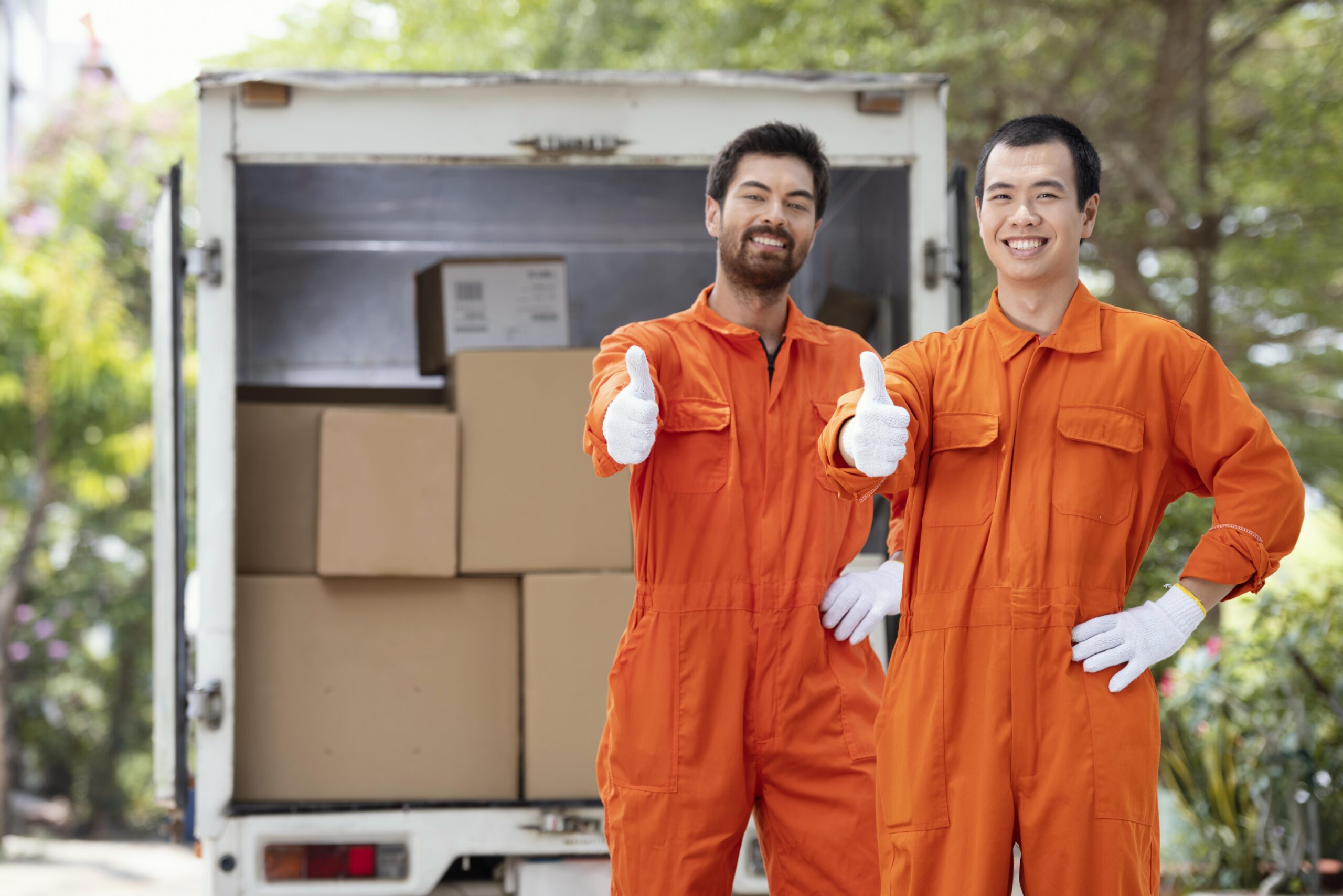 young-delivery-men-showing-ok-sign-near-delivery-car